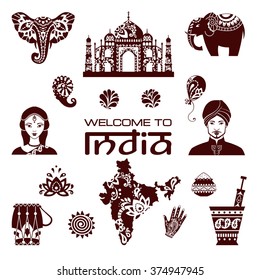 Set of Indian flat icons: indian people, taj mahal, flag, map, drum, lotus, mehendi, elephant.  Vector illustration