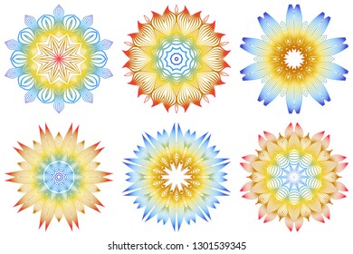 Set of Indian Floral Mandala Pattern.Vector Henna Tattoo Style. Can Be Used For Textile, Greeting Card, Coloring Book, Phone Case Print. Rainbow color.