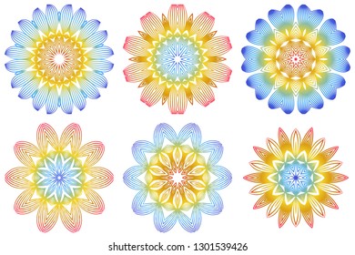 Set of Indian Floral Mandala Pattern.Vector Henna Tattoo Style. Can Be Used For Textile, Greeting Card, Coloring Book, Phone Case Print. Rainbow color.