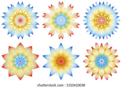 Set of Indian Floral Mandala Pattern.Vector Henna Tattoo Style. Can Be Used For Textile, Greeting Card, Coloring Book, Phone Case Print. Rainbow color.