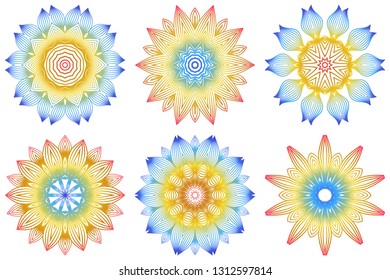 Set of Indian Floral Mandala Pattern.Vector Henna Tattoo Style. Can Be Used For Textile, Greeting Card, Coloring Book, Phone Case Print. Rainbow color.