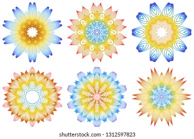 Set of Indian Floral Mandala Pattern.Vector Henna Tattoo Style. Can Be Used For Textile, Greeting Card, Coloring Book, Phone Case Print. Rainbow color.