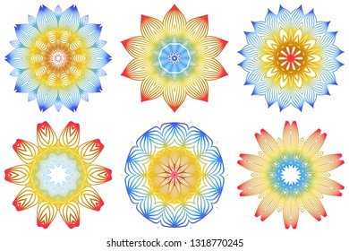 Set of Indian Floral Mandala Pattern.Vector Henna Tattoo Style. Can Be Used For Textile, Greeting Card, Coloring Book, Phone Case Print. Rainbow color.