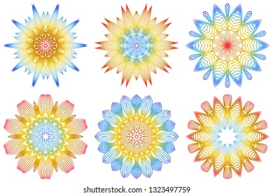 Set of Indian Floral Mandala Pattern.Vector Henna Tattoo Style. Can Be Used For Textile, Greeting Card, Coloring Book, Phone Case Print. Rainbow color.