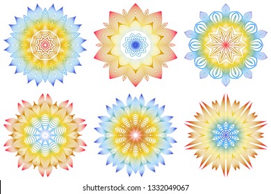 Set of Indian Floral Mandala Pattern.Vector Henna Tattoo Style. Can Be Used For Textile, Greeting Card, Coloring Book, Phone Case Print. Rainbow color.