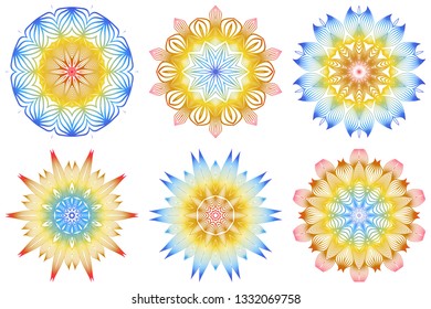 Set of Indian Floral Mandala Pattern.Vector Henna Tattoo Style. Can Be Used For Textile, Greeting Card, Coloring Book, Phone Case Print. Rainbow color.