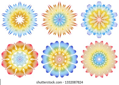 Set of Indian Floral Mandala Pattern.Vector Henna Tattoo Style. Can Be Used For Textile, Greeting Card, Coloring Book, Phone Case Print. Rainbow color.