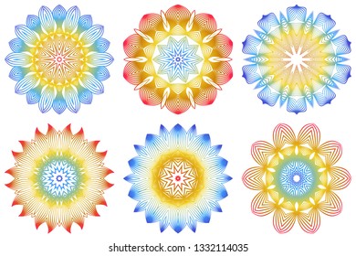 Set of Indian Floral Mandala Pattern.Vector Henna Tattoo Style. Can Be Used For Textile, Greeting Card, Coloring Book, Phone Case Print. Rainbow color.