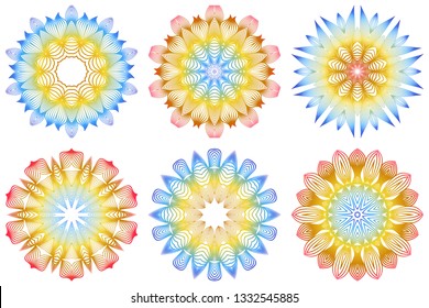 Set of Indian Floral Mandala Pattern.Vector Henna Tattoo Style. Can Be Used For Textile, Greeting Card, Coloring Book, Phone Case Print. Rainbow color.