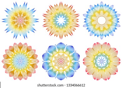Set of Indian Floral Mandala Pattern.Vector Henna Tattoo Style. Can Be Used For Textile, Greeting Card, Coloring Book, Phone Case Print. Rainbow color.