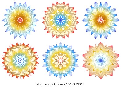 Set of Indian Floral Mandala Pattern.Vector Henna Tattoo Style. Can Be Used For Textile, Greeting Card, Coloring Book, Phone Case Print. Rainbow color.