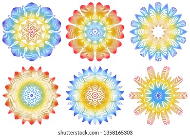 Set of Indian Floral Mandala Pattern.Vector Henna Tattoo Style. Can Be Used For Textile, Greeting Card, Coloring Book, Phone Case Print. Rainbow color.