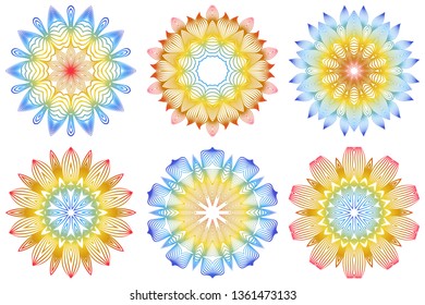 Set of Indian Floral Mandala Pattern.Vector Henna Tattoo Style. Can Be Used For Textile, Greeting Card, Coloring Book, Phone Case Print. Rainbow color.