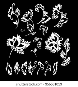 Set of Indian flowers and leaves design elements, hand drawn. Floral design ,  vector illustration. 