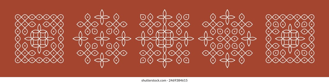 Set of Indian folk art pulli kolam. editable home decor patterns.