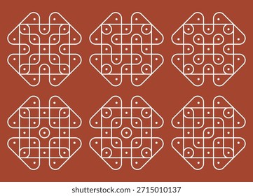 Set of Indian folk art pulli kolam. editable home decor patterns	