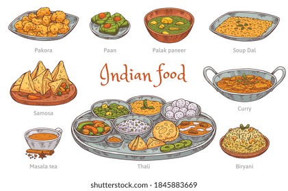 Set of indian food colorful icons in hand drawn engraved style vector illustration isolated on white background. Indian cuisine traditional dishes and drinks.