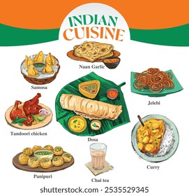 Conjunto de iconos de comida india en estilo de grabado a mano ilustración dibujada a mano, cocina aislada