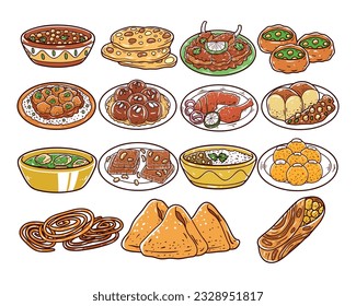 Conjunto de ilustraciones hechas a mano de comida india