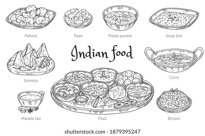 Set Of Indian Food Icons In Hand Drawn Engraved Style Vector Illustration Isolated On White Background. Indian Cuisine Traditional Dishes And Drinks In Line Art.