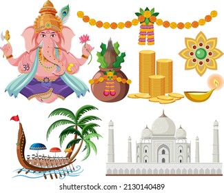 Set of indian god and offerings illustration