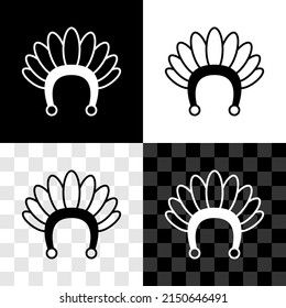 Set Indian headdress with feathers icon isolated on black and white, transparent background. Native american traditional headdress.  Vector