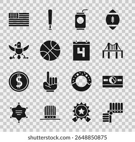 Set Indian headdress with feathers, Stacks paper money cash, Golden gate bridge, Soda can straw, Basketball ball, Eagle, American flag and Calendar date July 4 icon. Vector