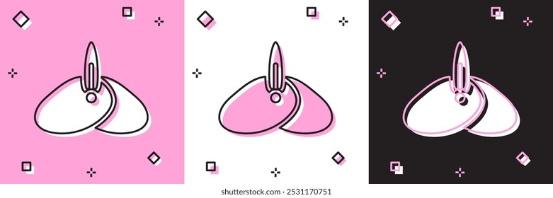 Set Indian headgear turban with feather icon isolated on pink and white, black background.  Vector