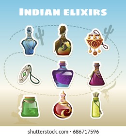 Set of Indian healing and stimulating elixirs. Objects of alternative medicine. Cartoon vector close-up illustration.
