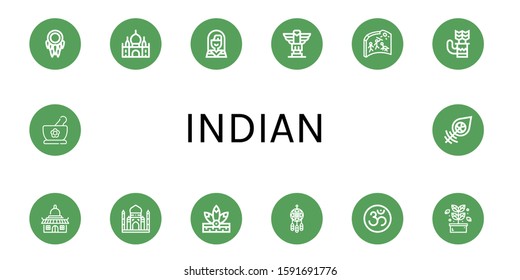 Set of indian icons. Such as Dreamcatcher, Taj mahal, Native american, Totem, Cave painting, Quiver, Temple, Om, Herb, Herbs , indian icons