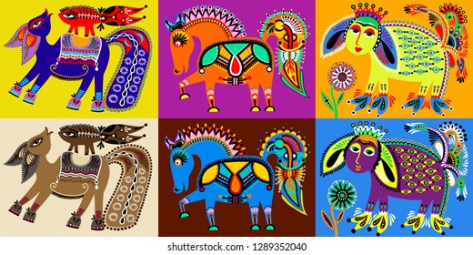 set of indian kalamkari style tribal ethnic painting, unusual animal, folk vector illustration collection