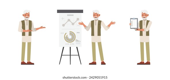 Set of Indian man character vector design. Businessman working and presentation with graph in office. Presentation in various action on isolated white background.