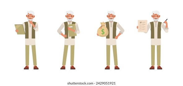 Set of Indian man character vector design. Businessman working holding folder and money bag. Presentation in various action on isolated white background.