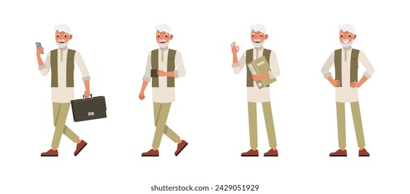 Set of Indian man character vector design. Businessman with briefcase walking and working in office. Presentation in various action on isolated white background.