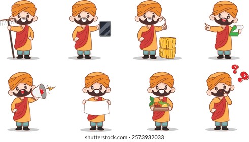 Set of indian man farmer character working in the farm. Vector premium character.