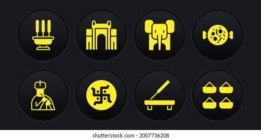Set Indian man plays flute, Chicken tikka masala, Hindu swastika, Scented spa stick, Elephant, Gate Delhi, spice and Incense sticks icon. Vector