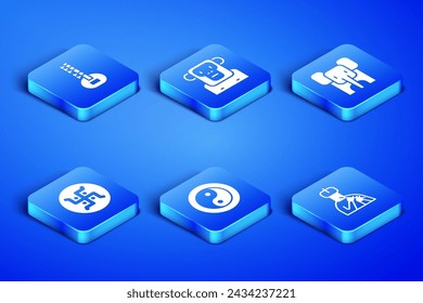 Set Indian man plays flute, Sitar, Yin Yang, Hindu swastika, Monkey and Elephant icon. Vector