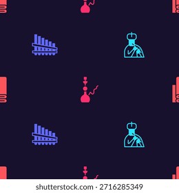 Conjunto de hombre indio toca flauta, pan, cachimba y tela textil en patrón sin costuras. Vector