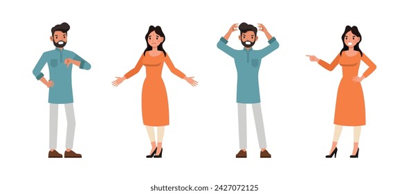 Set of Indian man and woman character vector design. Businessman and businesswoman posing anger and sadness. Presentation in various action on isolated white background.