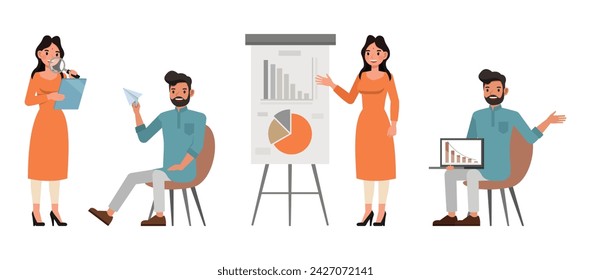 Set of Indian man and woman character vector design. Businessman and businesswoman presentation graph chart on board. Presentation in various action on isolated white background.