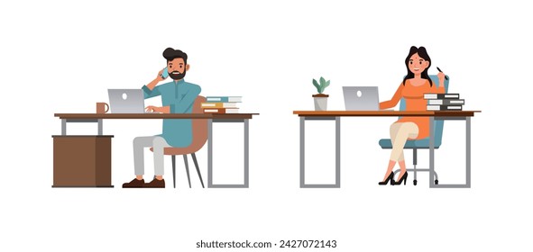 Set of Indian man and woman character vector design. Businessman and businesswoman working talk on phone and working at office desk. Presentation in various action on isolated white background.