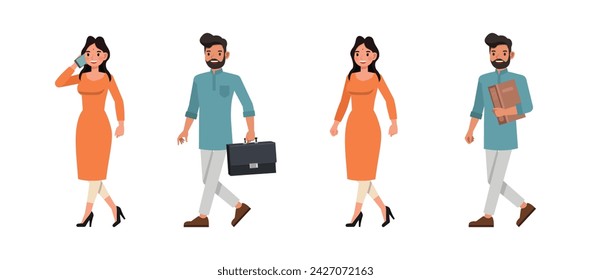 Set of Indian man and woman character vector design. Businessman and businesswoman walking and talk on phone. Presentation in various action on isolated white background.