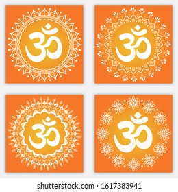 Set of Indian mantra om with floral ornament on orange background. Ethnic folk vector illustration