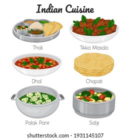 set of indian meals. thali, sabji, palak panir, chapati, dhal, tikka masala. Cartoon style, Vector illustration. Isolated on white.