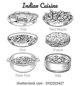 set of indian meals. thali, sabji, chapati, dhal, tikka masala. Hand drawn line art. Vector illustration. Isolated on white. Doodle, sketch.