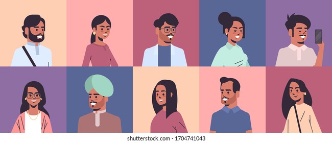 set indian men women avatars smiling male female cartoon characters collection horizontal portrait vector illustration