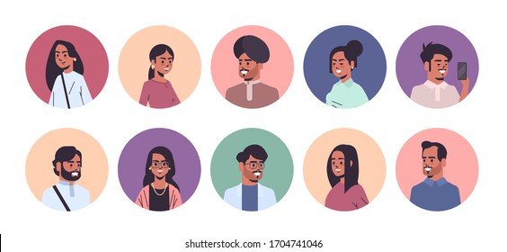 set indian men women avatars smiling male female cartoon characters collection horizontal portrait vector illustration