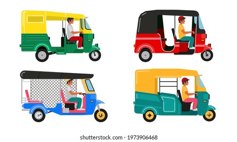 Set Indian motor rickshaw car. Asian tuk tuk. Vector illustration