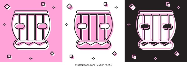 Set Indian musical instrument tabla icon isolated on pink and white, black background.  Vector