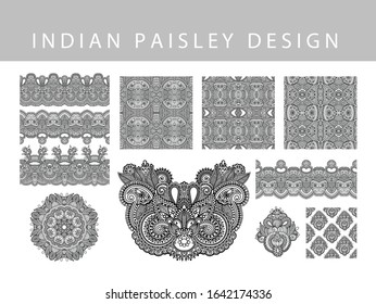 set of indian paisley design element, hand drawing floral tattoo doodle collection, vector illustration